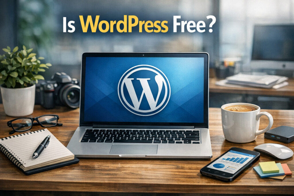 现代办公室环境中的笔记本电脑显示WordPress标志,周围有笔记本、咖啡杯和智能手机,传达网站创建和数字营销的专业感