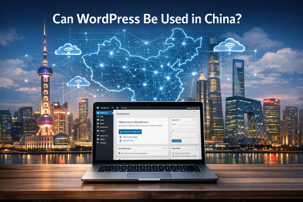 展示WordPress外贸建站仪表盘的现代笔记本电脑，背景是中国繁忙的城市天际线，象征在线可达性和连接性