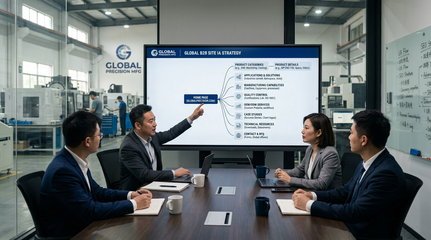 B2B外贸独立站首页产品分类产品详情应用解决方案工厂实力质量控制和询盘页面结构示意