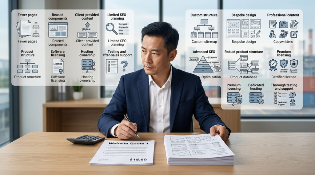 外贸企业老板正在比较低价网站报价中的页面设计、SEO、插件授权、源码交付、服务器和维护范围