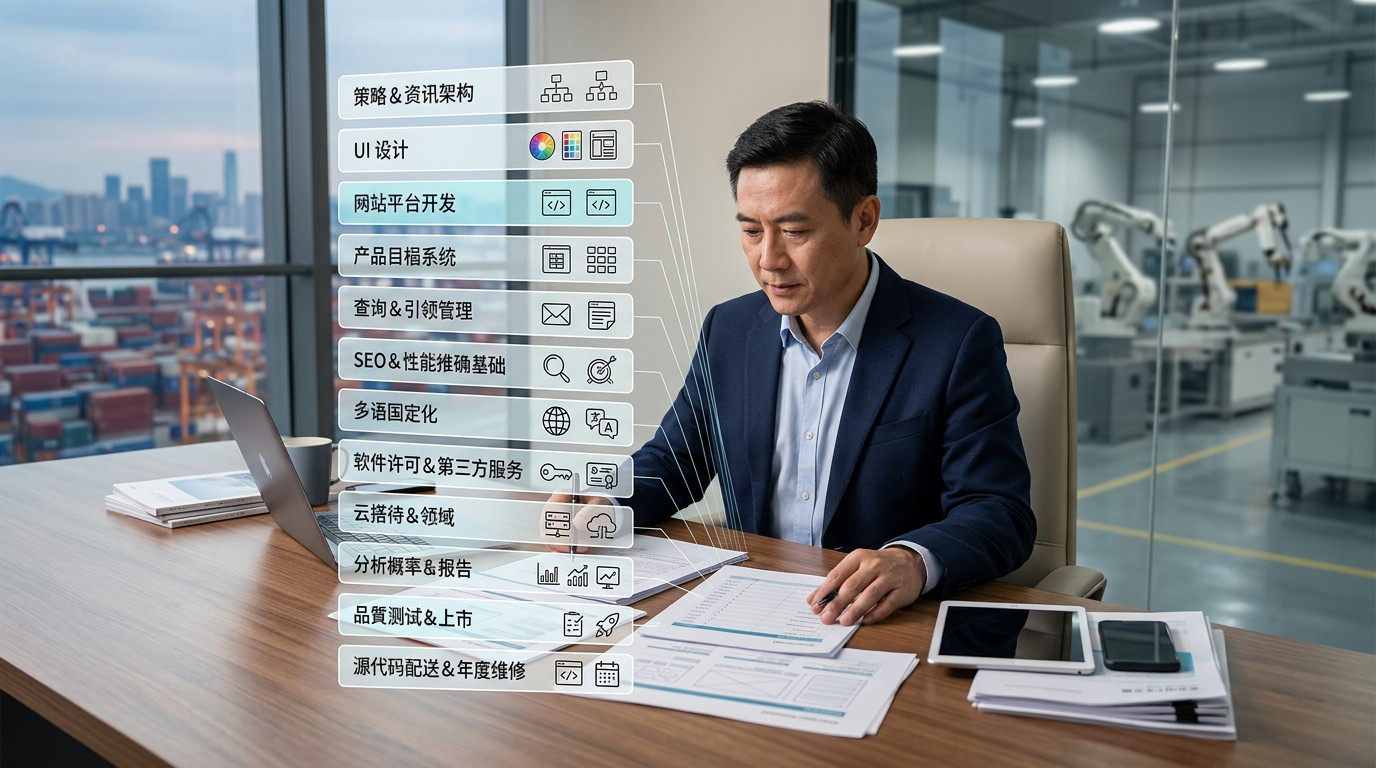 外贸企业老板正在逐项检查外贸网站建设报价中的策划、设计、开发、SEO、服务器、插件、测试和维护费用