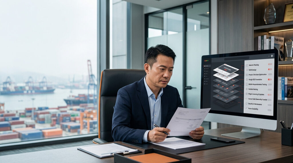 外贸企业负责人正在分析低价外贸建站报价中被省略的设计、SEO、服务器、源码和售后项目