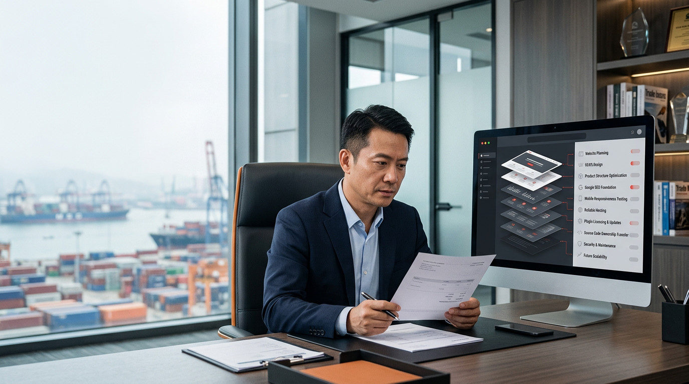 外贸企业负责人正在分析低价外贸建站报价中被省略的设计、SEO、服务器、源码和售后项目